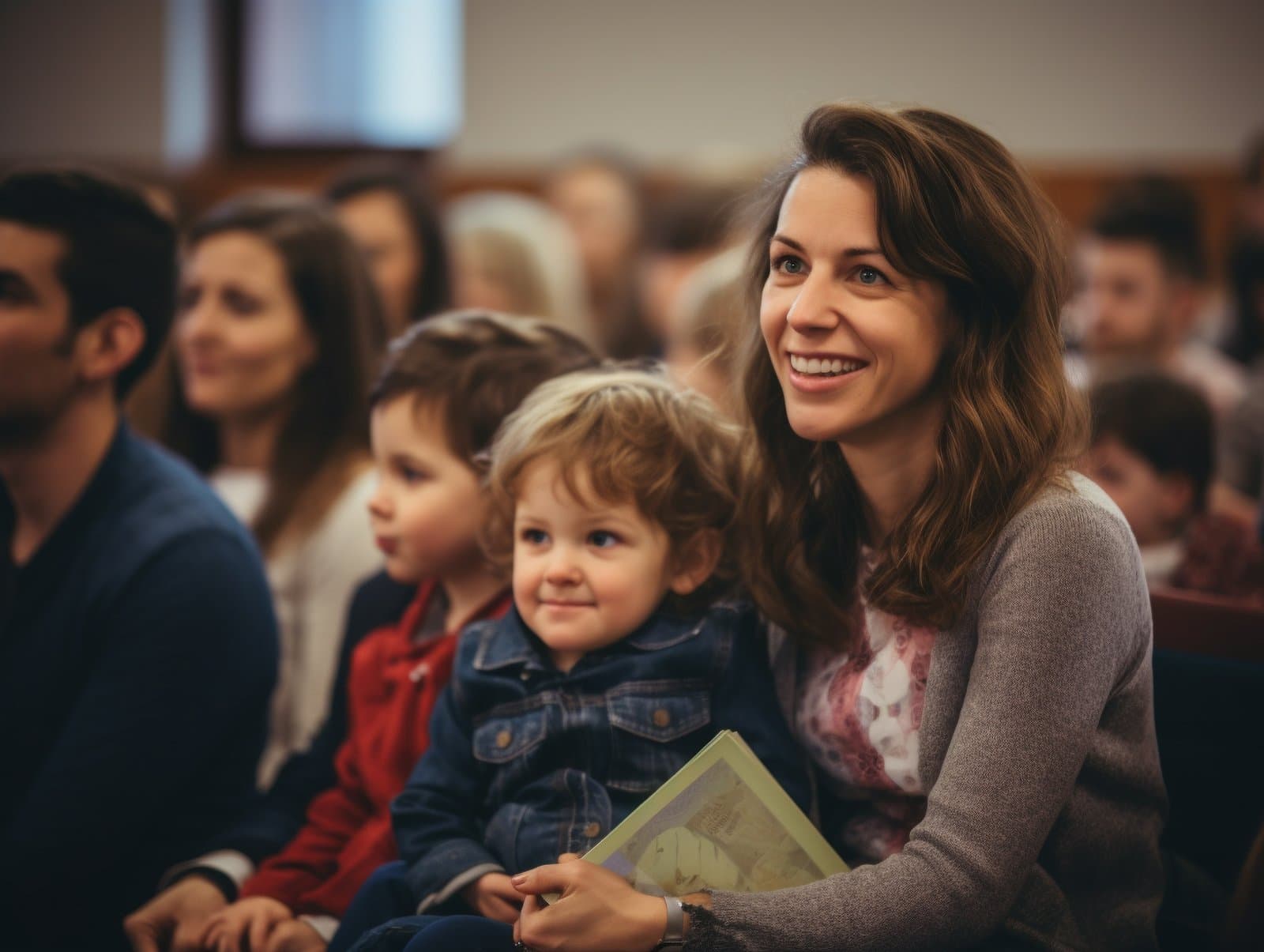 A parent and her young child seated together at a family gathering